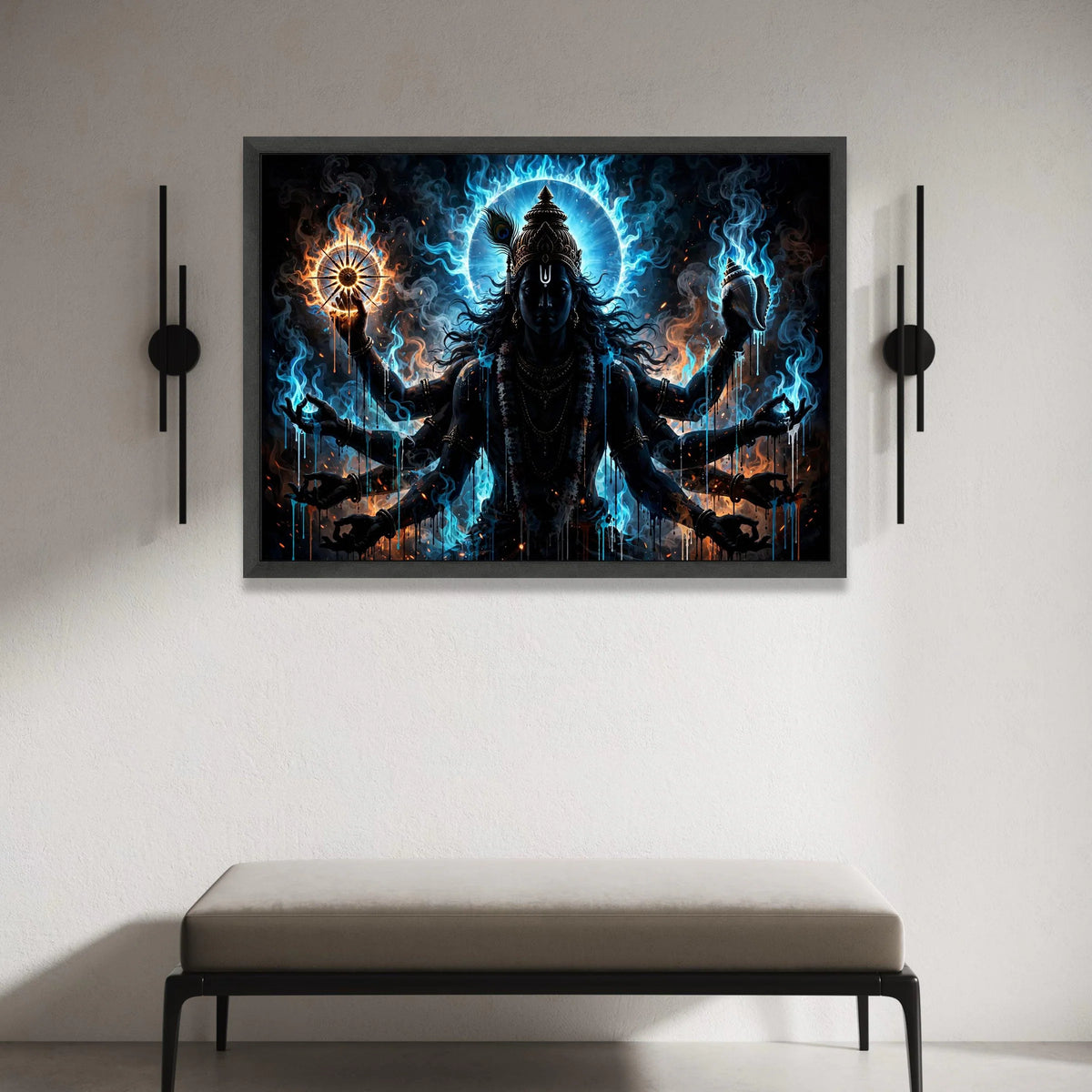 Mystical Hindu Deity Canvas Wall Art, Spiritual Lord Vishnu Painting, Divine Energy Home Decoration, Blue and Orange Flame Canvas Print Art