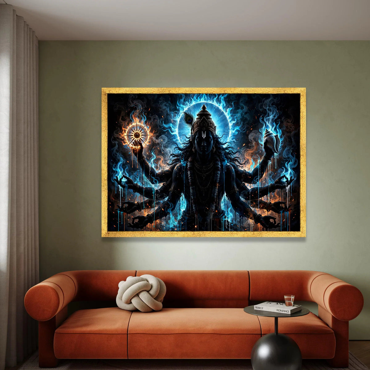 Mystical Hindu Deity Canvas Wall Art, Spiritual Lord Vishnu Painting, Divine Energy Home Decoration, Blue and Orange Flame Canvas Print Art