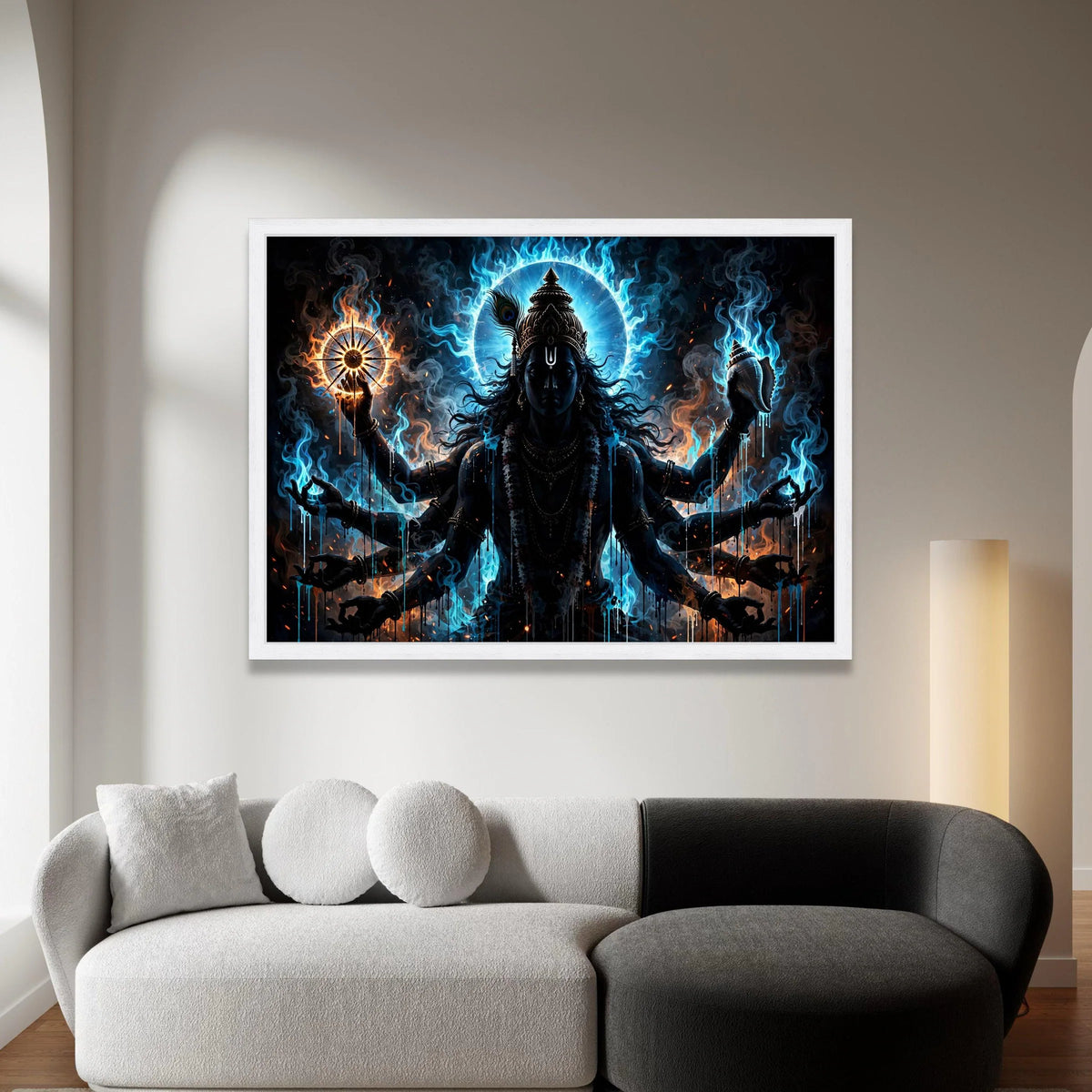 Mystical Hindu Deity Canvas Wall Art, Spiritual Lord Vishnu Painting, Divine Energy Home Decoration, Blue and Orange Flame Canvas Print Art