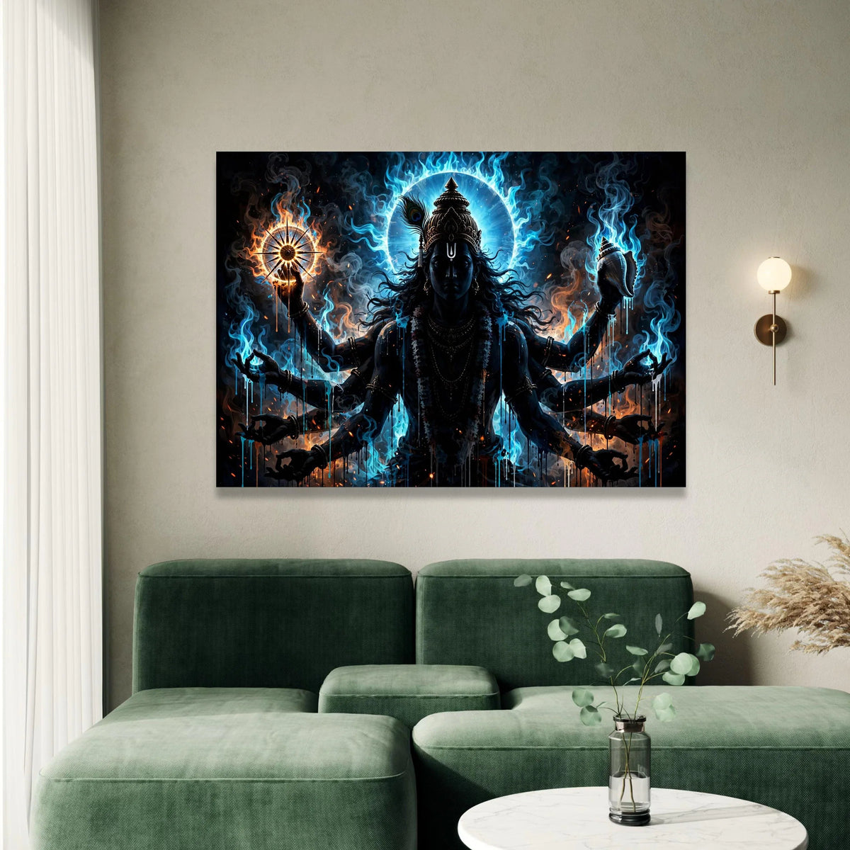 Mystical Hindu Deity Canvas Wall Art, Spiritual Lord Vishnu Painting, Divine Energy Home Decoration, Blue and Orange Flame Canvas Print Art