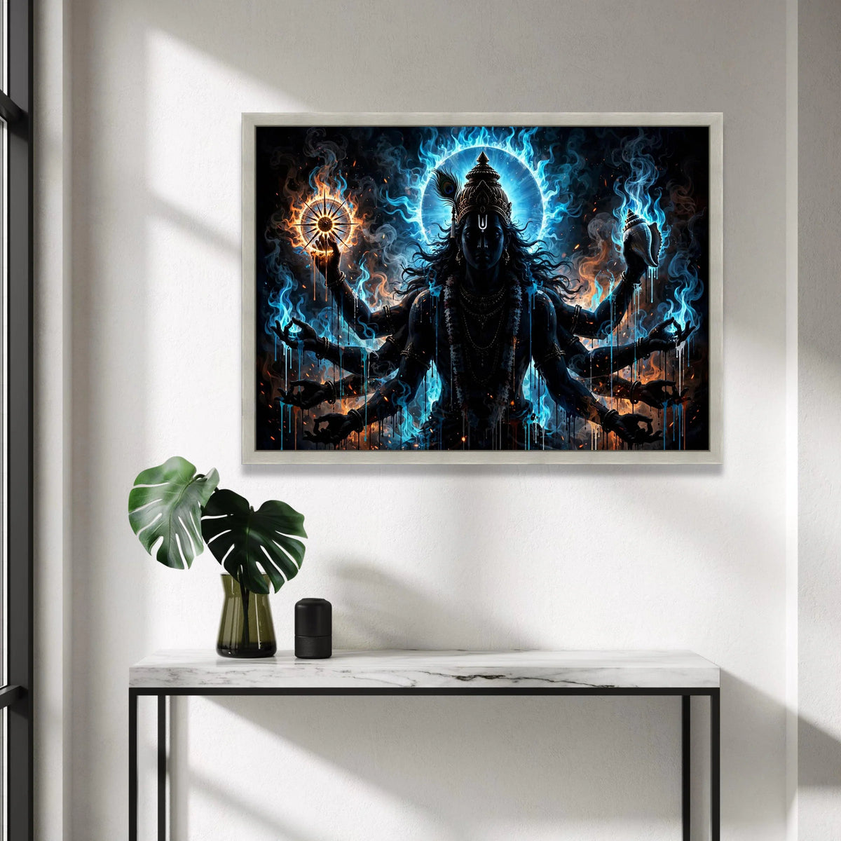 Mystical Hindu Deity Canvas Wall Art, Spiritual Lord Vishnu Painting, Divine Energy Home Decoration, Blue and Orange Flame Canvas Print Art