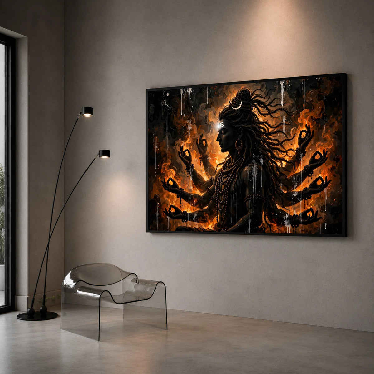 Mystic Shiva Meditation Canvas, Hindu God Wall Art, Spiritual Home Decor, Divine Energy Canvas, Multi-Armed Deity Artwork Canvas Print Art