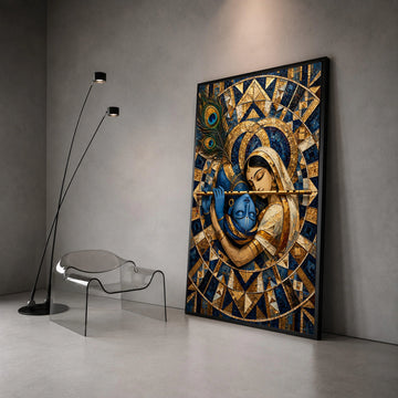 Krishna and Radha Embrace, Spiritual Canvas Wall Art, Indian Mythology Painting, Peacock Feather Design, Decorative Home Canvas Print Art