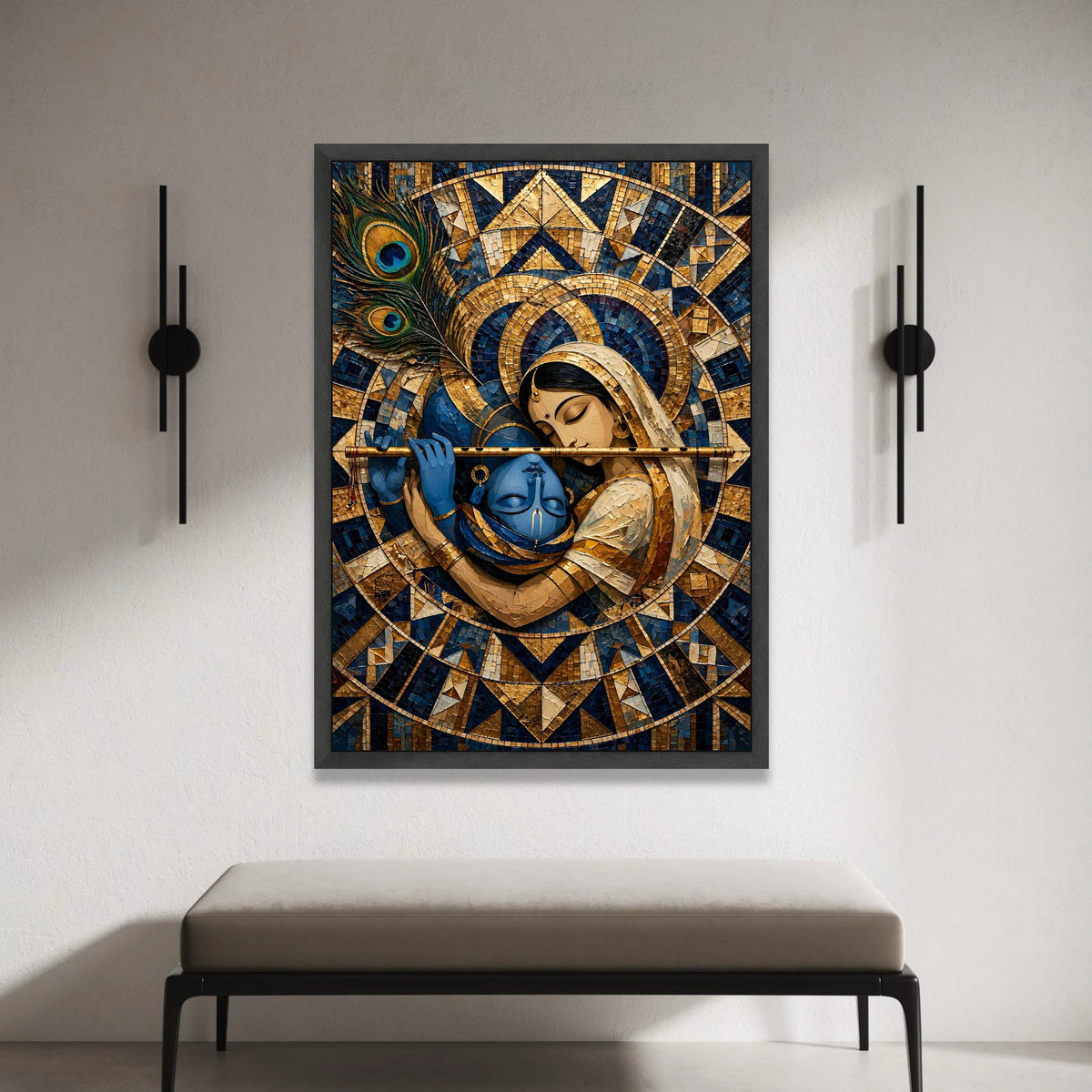 Krishna and Radha Embrace, Spiritual Canvas Wall Art, Indian Mythology Painting, Peacock Feather Design, Decorative Home Canvas Print Art