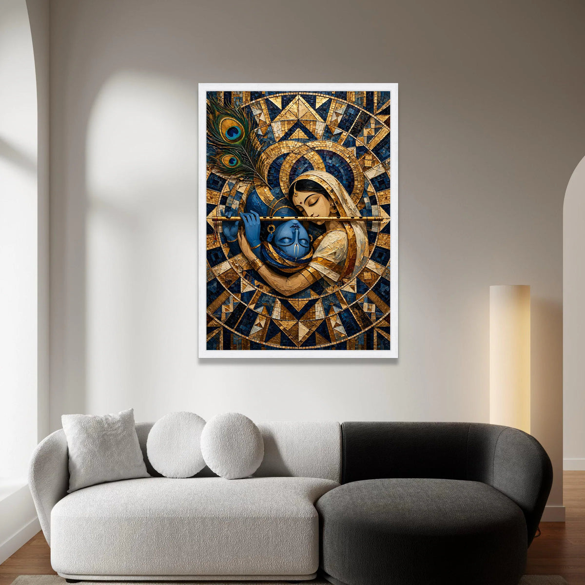 Krishna and Radha Embrace, Spiritual Canvas Wall Art, Indian Mythology Painting, Peacock Feather Design, Decorative Home Canvas Print Art