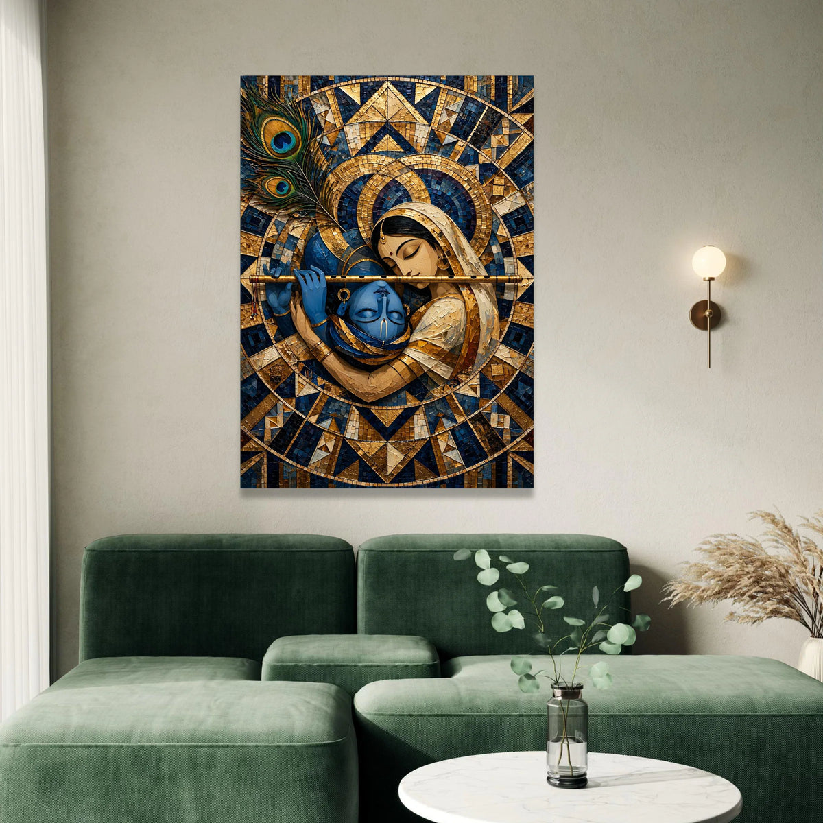 Krishna and Radha Embrace, Spiritual Canvas Wall Art, Indian Mythology Painting, Peacock Feather Design, Decorative Home Canvas Print Art