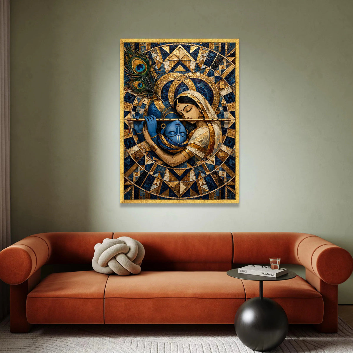 Krishna and Radha Embrace, Spiritual Canvas Wall Art, Indian Mythology Painting, Peacock Feather Design, Decorative Home Canvas Print Art