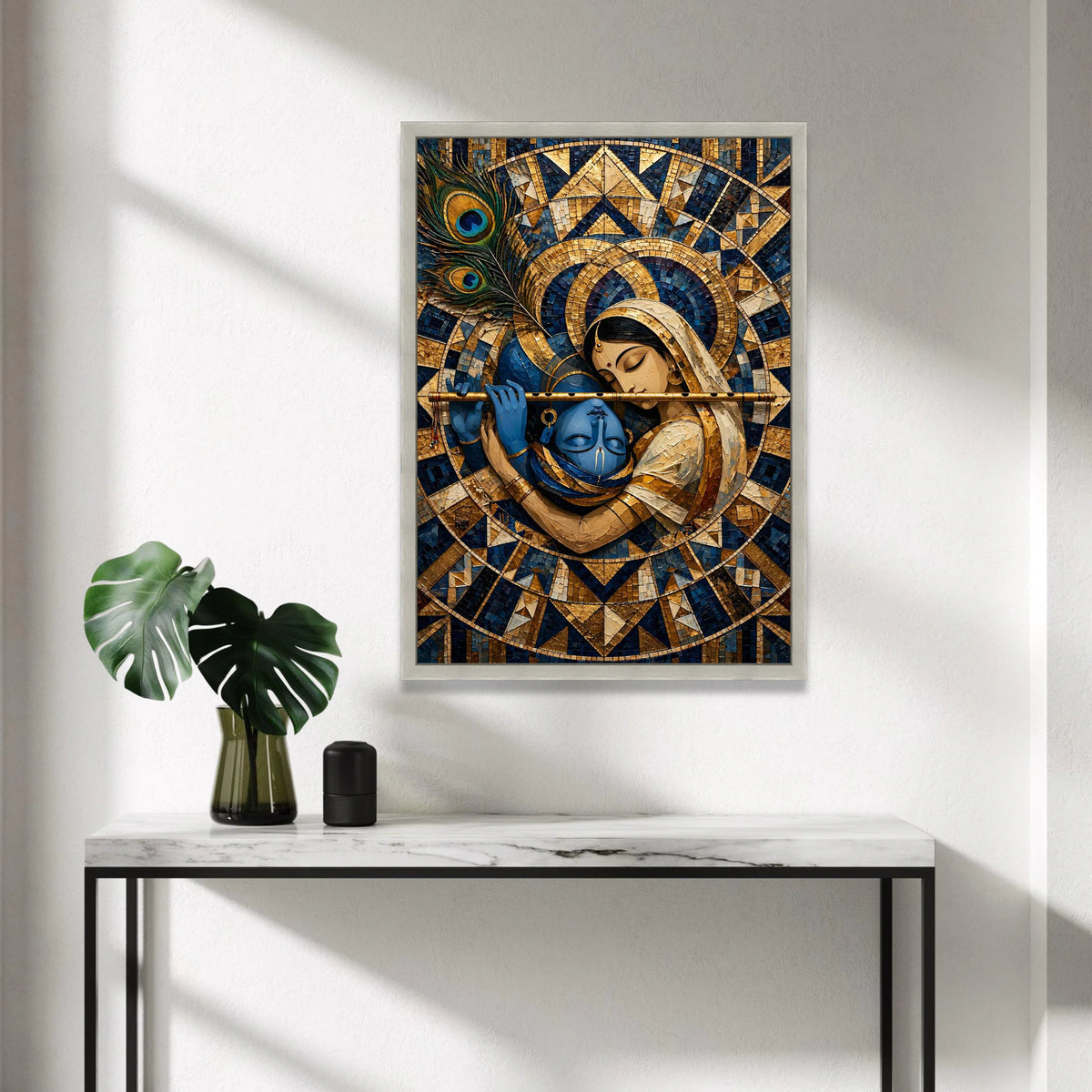 Krishna and Radha Embrace, Spiritual Canvas Wall Art, Indian Mythology Painting, Peacock Feather Design, Decorative Home Canvas Print Art