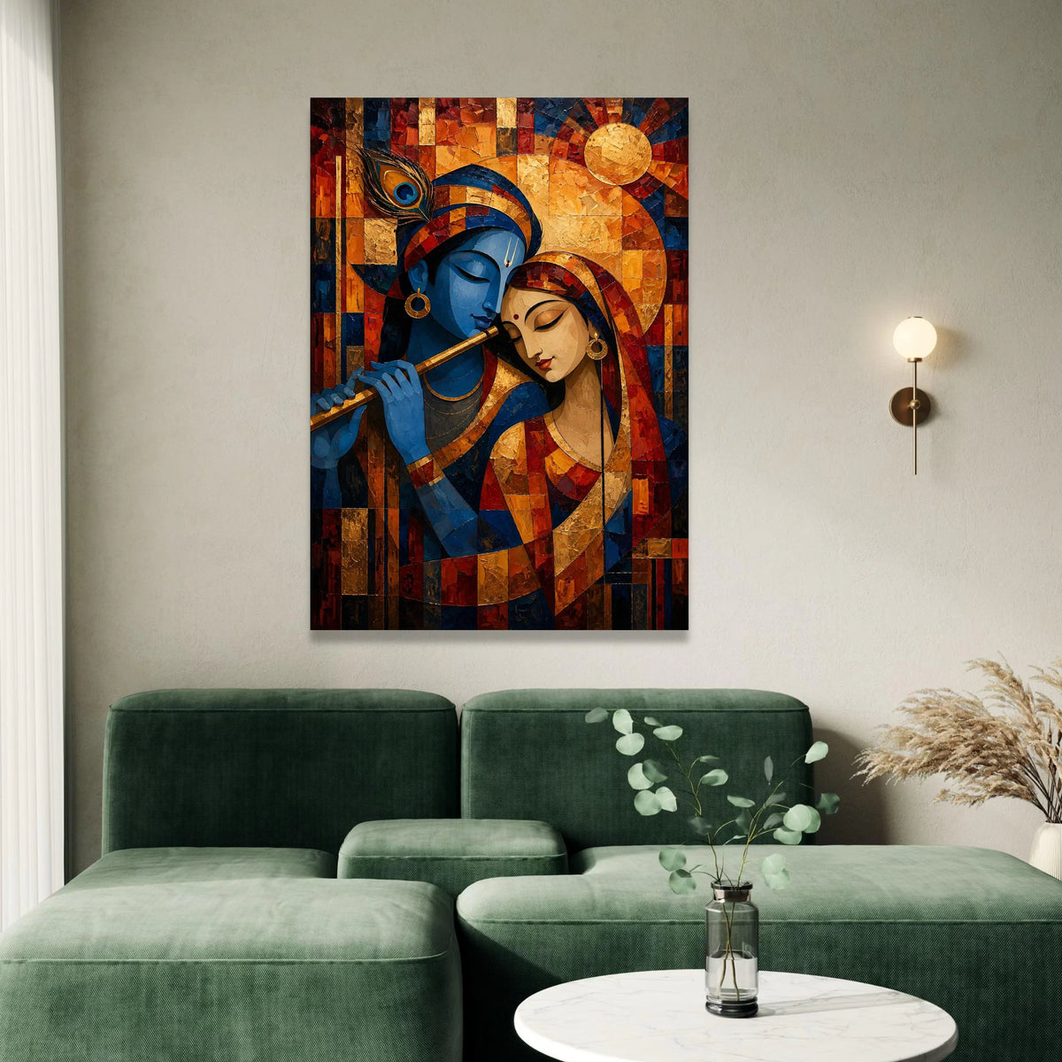 Krishna and Radha Embrace Canvas, Indian Mythology Art, Romantic Wall Painting, Spiritual Home Decor, Colorful Canvas Wall Canvas Print Art