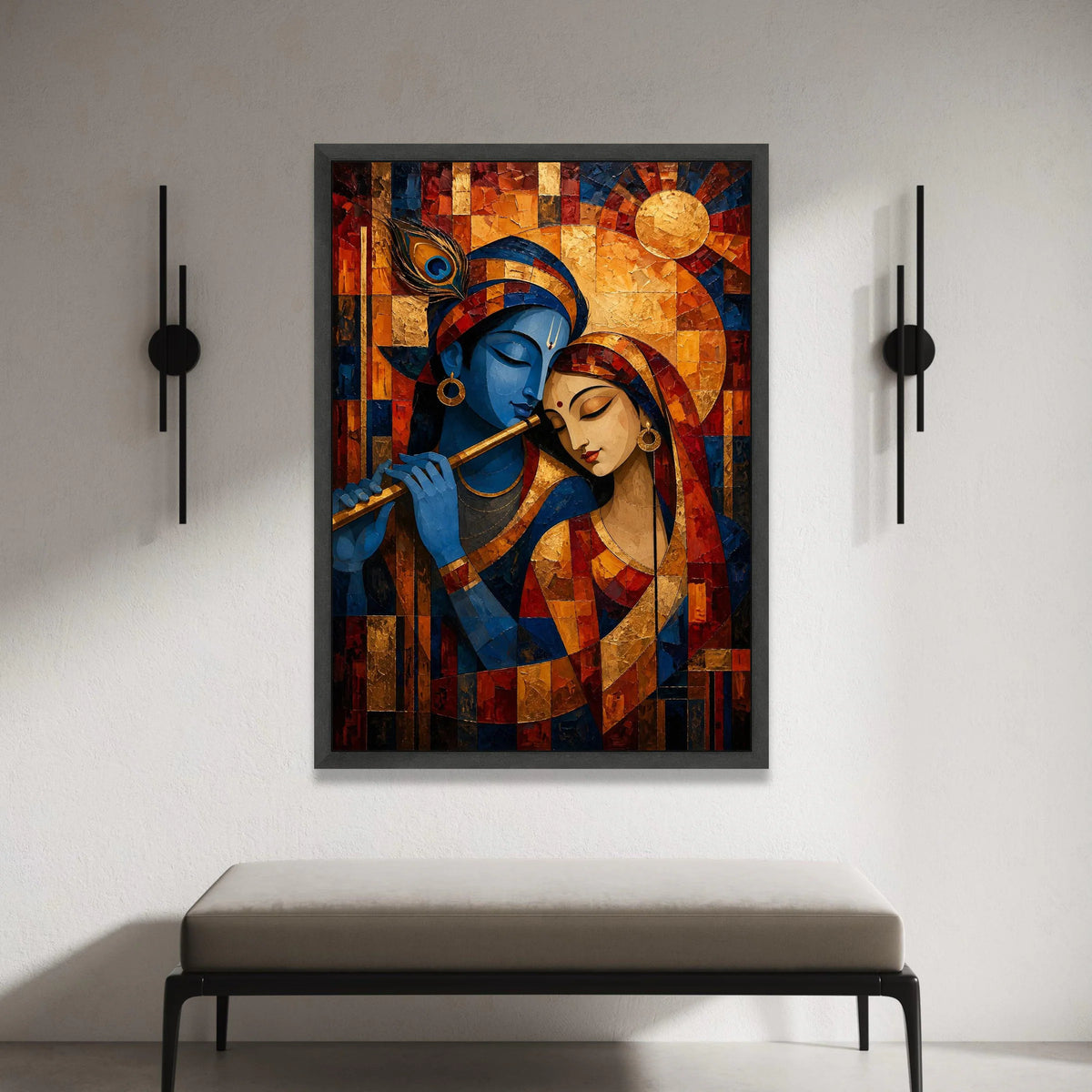Krishna and Radha Embrace Canvas, Indian Mythology Art, Romantic Wall Painting, Spiritual Home Decor, Colorful Canvas Wall Canvas Print Art