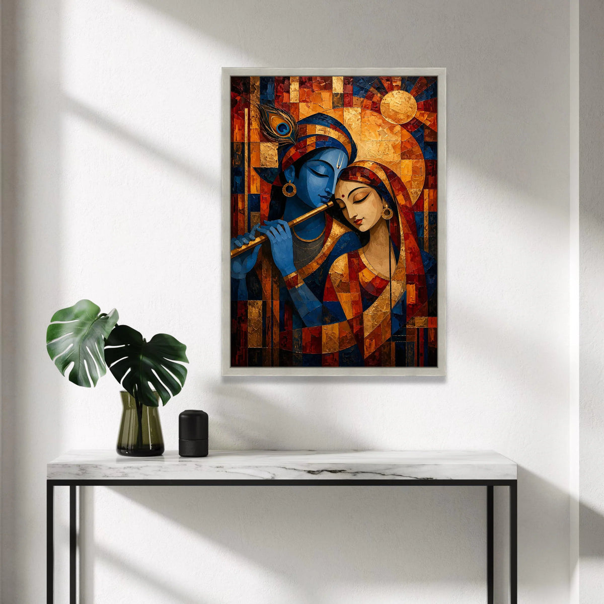 Krishna and Radha Embrace Canvas, Indian Mythology Art, Romantic Wall Painting, Spiritual Home Decor, Colorful Canvas Wall Canvas Print Art