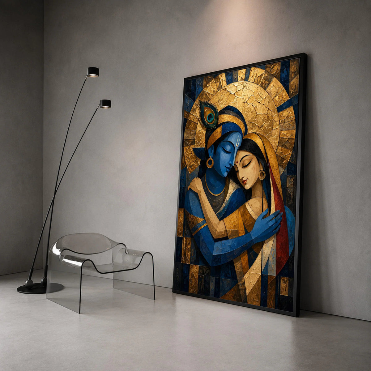 Divine Love Embrace Canvas, Krishna Radha Wall Art, Blue Gold Hindu Art, Spiritual Couple Canvas, Indian Mythology Decor Canvas Print Art