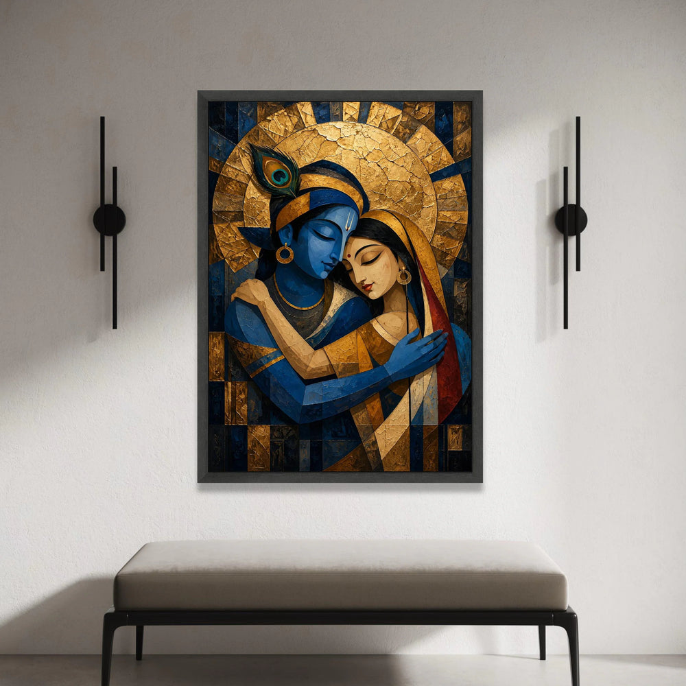 Divine Love Embrace Canvas, Krishna Radha Wall Art, Blue Gold Hindu Art, Spiritual Couple Canvas, Indian Mythology Decor Canvas Print Art