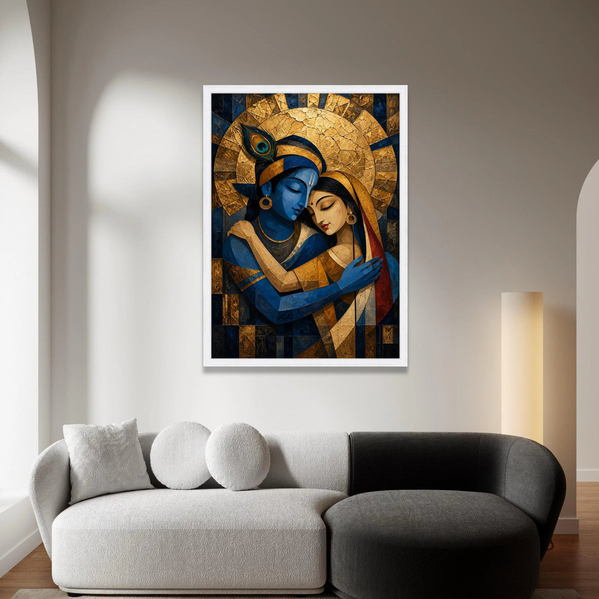 Divine Love Embrace Canvas, Krishna Radha Wall Art, Blue Gold Hindu Art, Spiritual Couple Canvas, Indian Mythology Decor Canvas Print Art