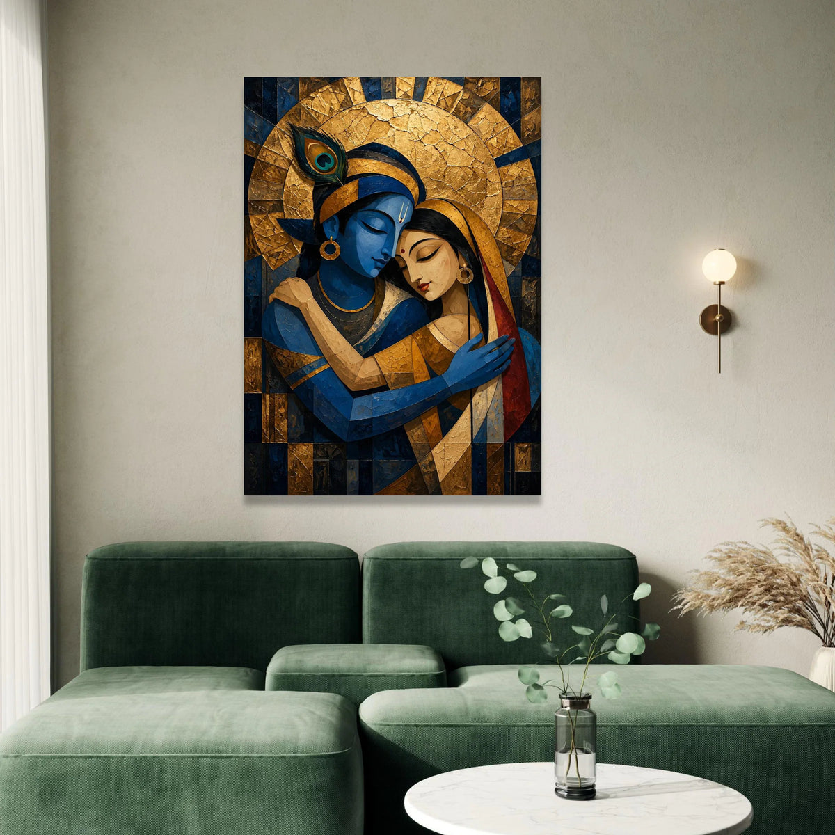 Divine Love Embrace Canvas, Krishna Radha Wall Art, Blue Gold Hindu Art, Spiritual Couple Canvas, Indian Mythology Decor Canvas Print Art