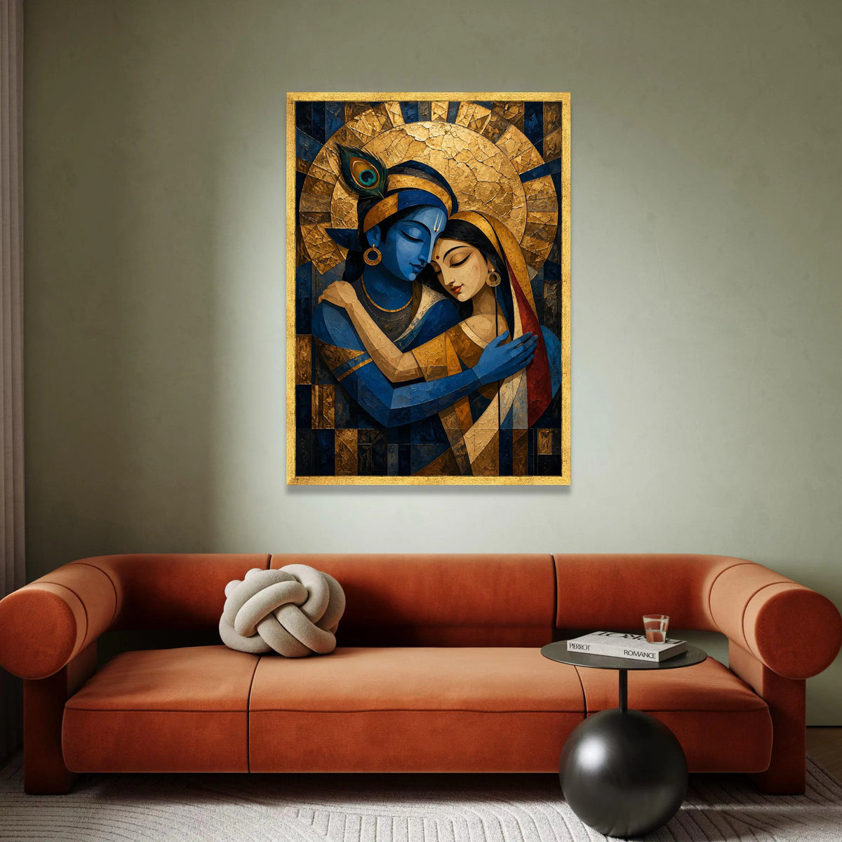 Divine Love Embrace Canvas, Krishna Radha Wall Art, Blue Gold Hindu Art, Spiritual Couple Canvas, Indian Mythology Decor Canvas Print Art