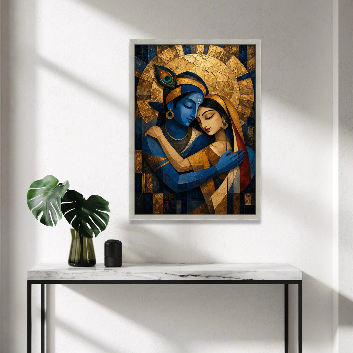 Divine Love Embrace Canvas, Krishna Radha Wall Art, Blue Gold Hindu Art, Spiritual Couple Canvas, Indian Mythology Decor Canvas Print Art