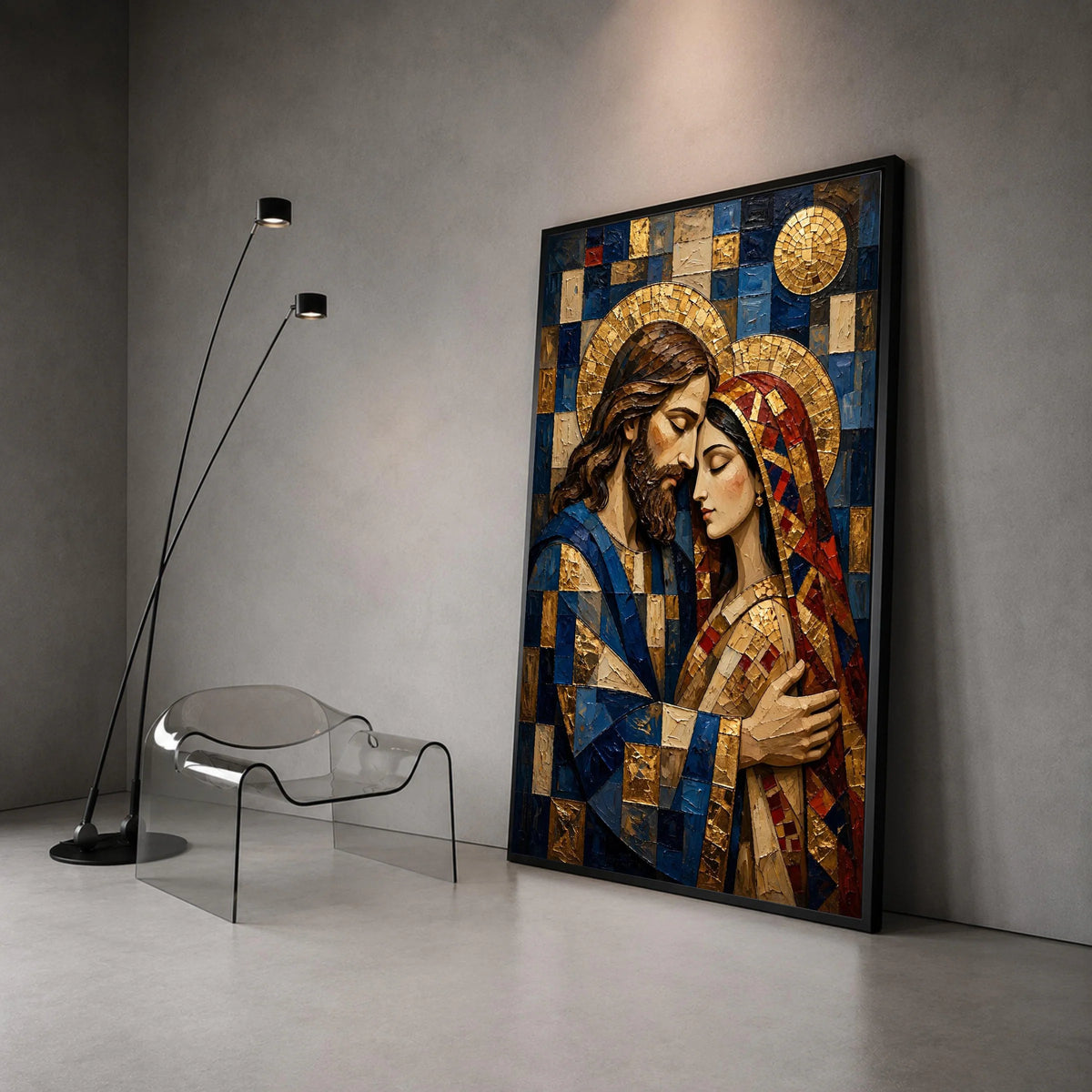 Embrace of Sacred Love Canvas, Religious Icon Wall Art, Spiritual Couple Portrait, Mosaic Style Design, Decorative Home Canvas Print Art