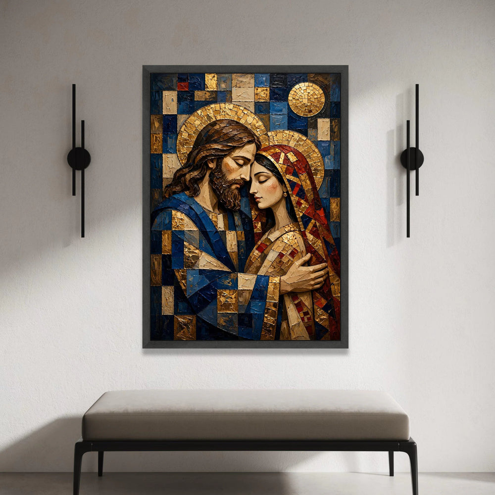 Embrace of Sacred Love Canvas, Religious Icon Wall Art, Spiritual Couple Portrait, Mosaic Style Design, Decorative Home Canvas Print Art