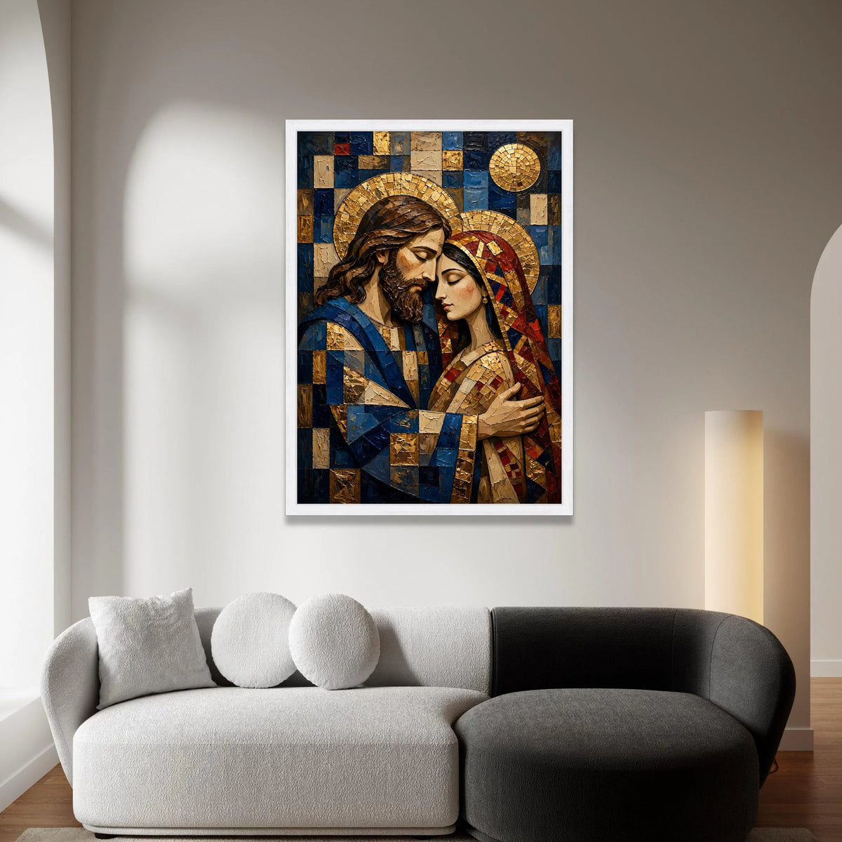 Embrace of Sacred Love Canvas, Religious Icon Wall Art, Spiritual Couple Portrait, Mosaic Style Design, Decorative Home Canvas Print Art