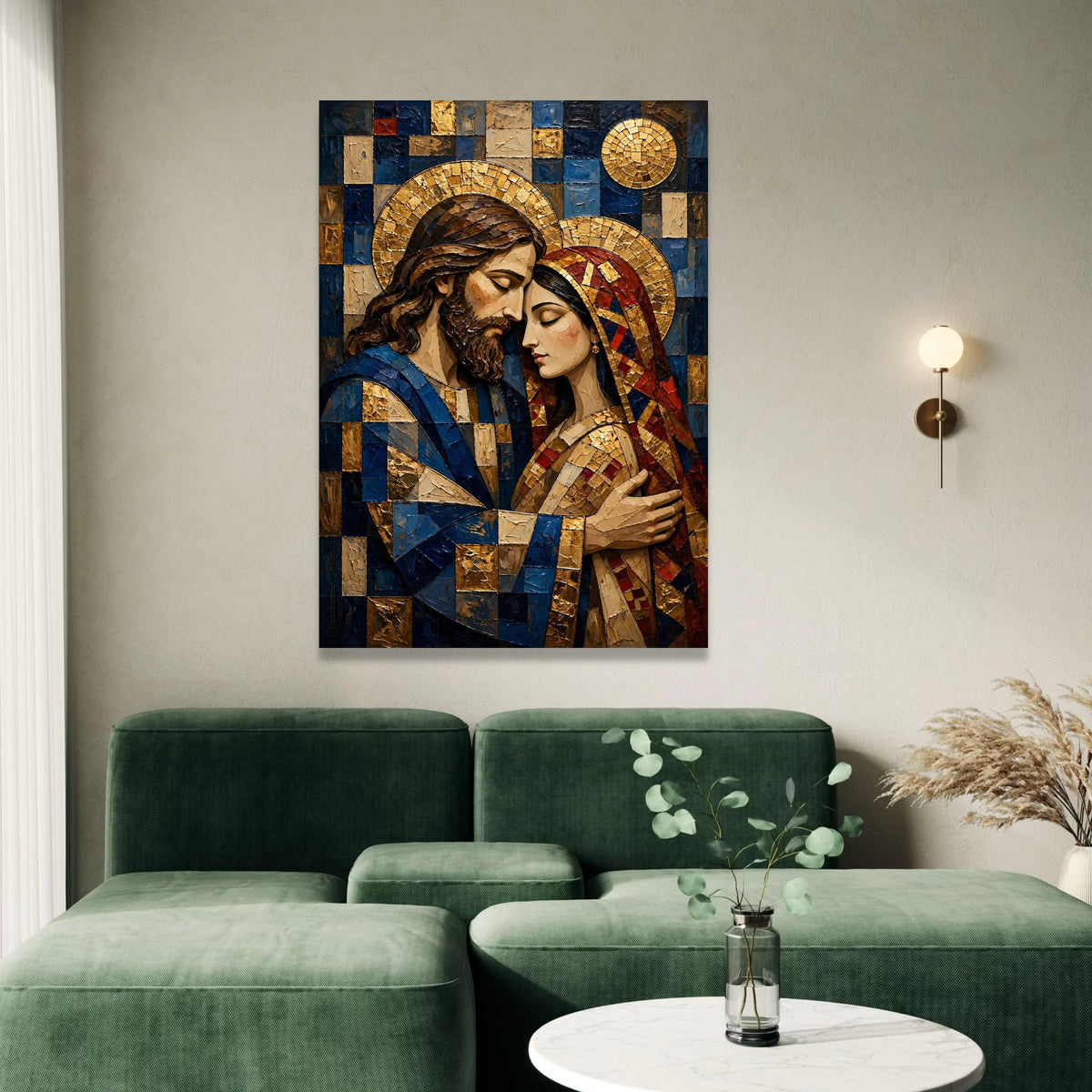 Embrace of Sacred Love Canvas, Religious Icon Wall Art, Spiritual Couple Portrait, Mosaic Style Design, Decorative Home Canvas Print Art
