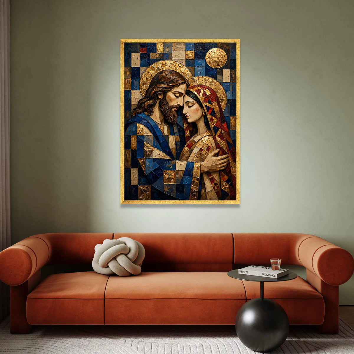 Embrace of Sacred Love Canvas, Religious Icon Wall Art, Spiritual Couple Portrait, Mosaic Style Design, Decorative Home Canvas Print Art