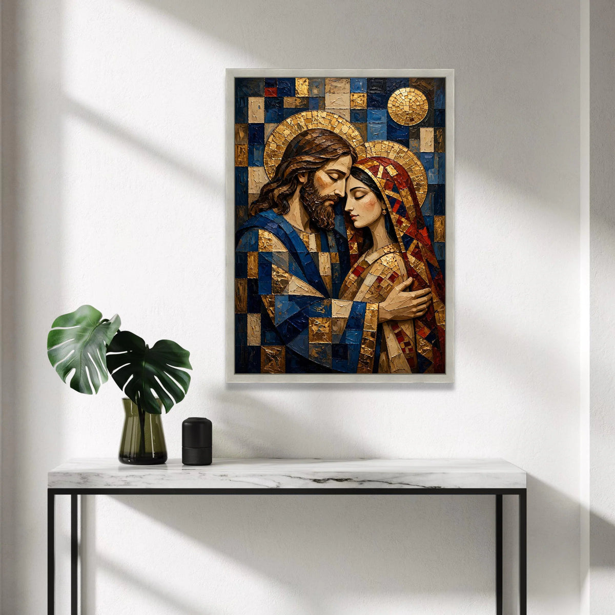 Embrace of Sacred Love Canvas, Religious Icon Wall Art, Spiritual Couple Portrait, Mosaic Style Design, Decorative Home Canvas Print Art