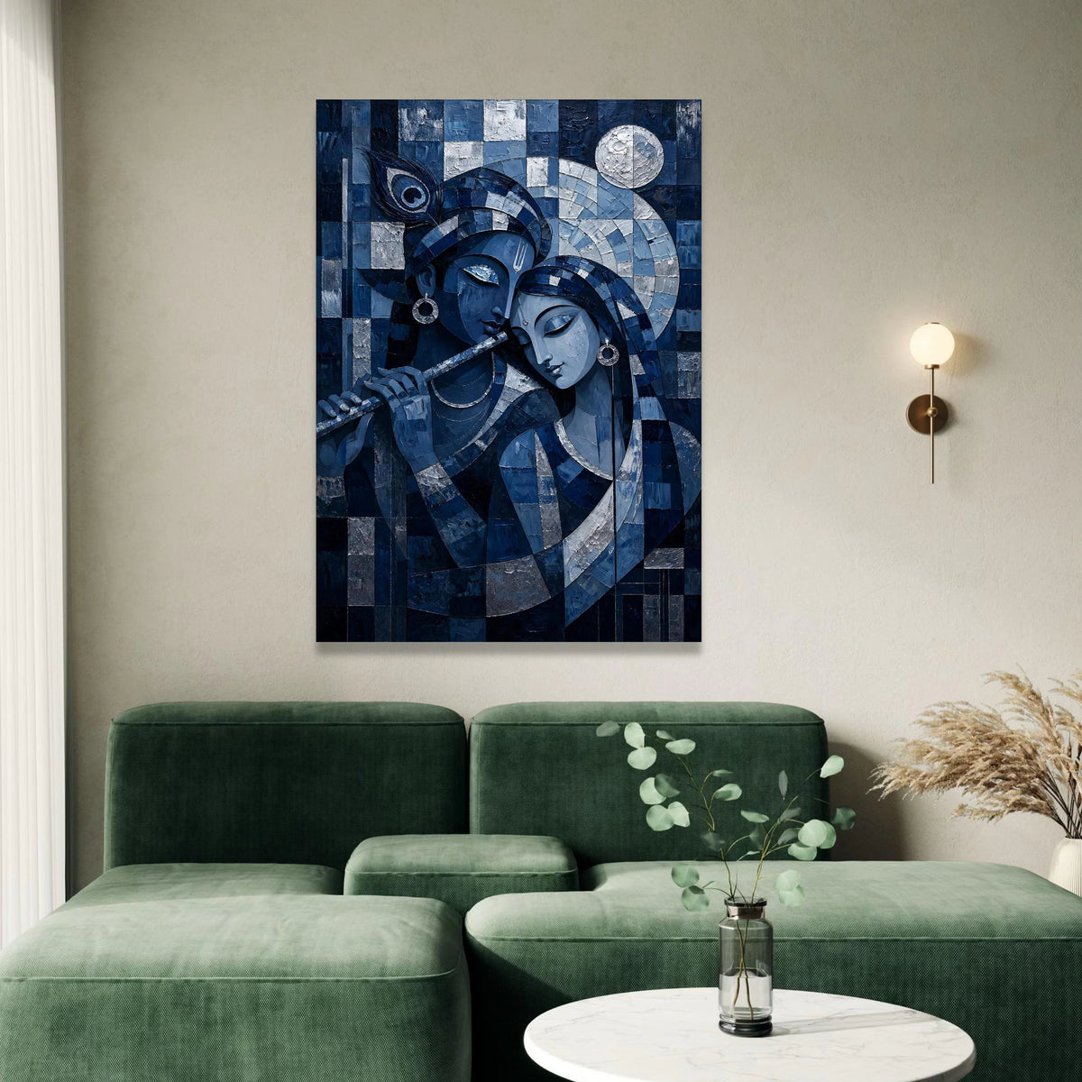 Blue Krishna and Radha Canvas Wall Art, Indian Mythology Painting, Romantic Couple Artwork, Spiritual Home Decor, Ready to Canvas Print Art