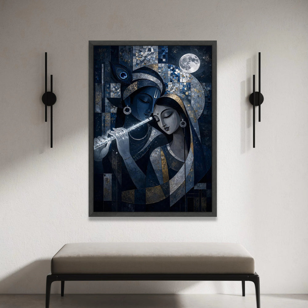 Mystical Krishna and Radha Canvas Wall Art, Spiritual Indian Art, Moonlit Night Canvas, Divine Love Painting, Home Decor Canvas Print Art