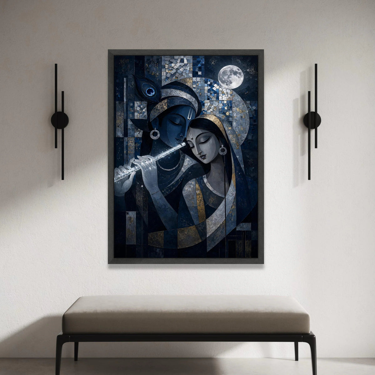 Mystical Krishna and Radha Canvas Wall Art, Spiritual Indian Art, Moonlit Night Canvas, Divine Love Painting, Home Decor Canvas Print Art