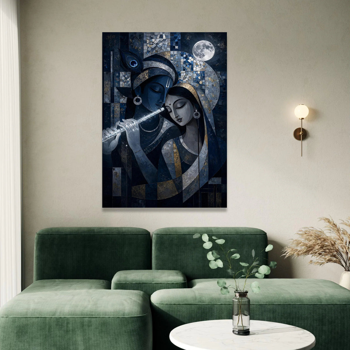Mystical Krishna and Radha Canvas Wall Art, Spiritual Indian Art, Moonlit Night Canvas, Divine Love Painting, Home Decor Canvas Print Art
