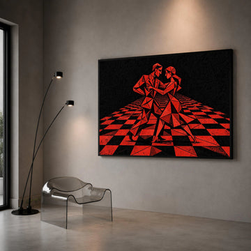 Geometric Dance Couple Canvas Wall Art, Modern Abstract Red and Black Design, Contemporary Home Decoration, Dynamic Tango Canvas Print Art