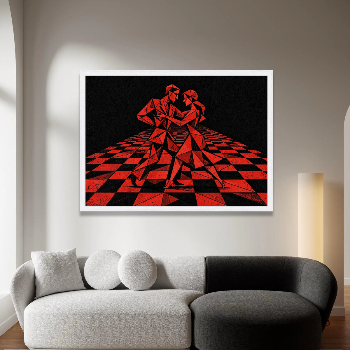 Geometric Dance Couple Canvas Wall Art, Modern Abstract Red and Black Design, Contemporary Home Decoration, Dynamic Tango Canvas Print Art