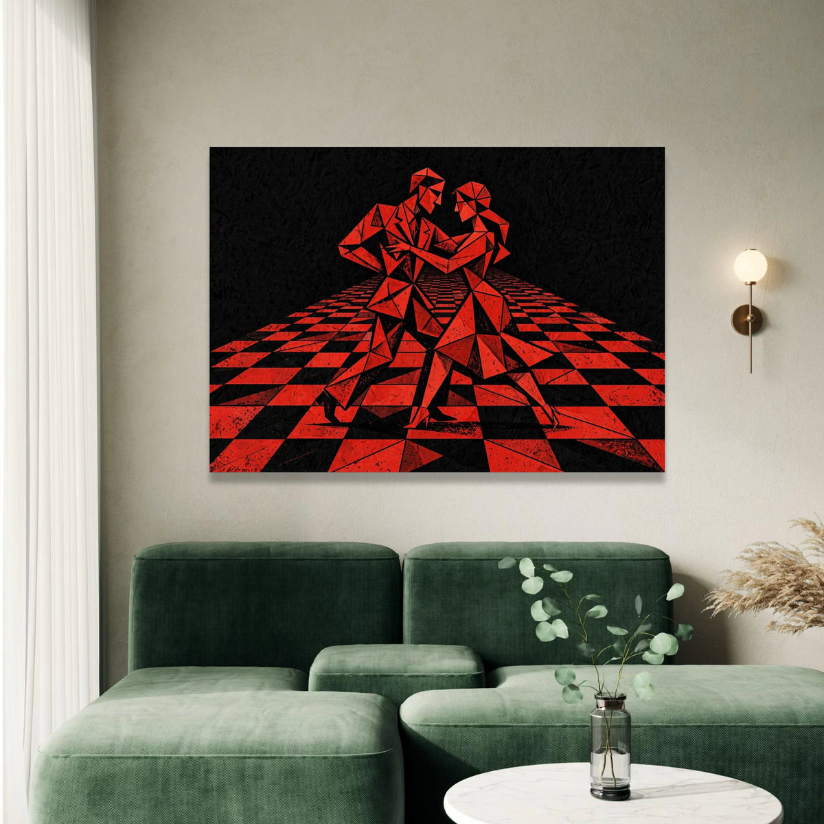 Geometric Dance Couple Canvas Wall Art, Modern Abstract Red and Black Design, Contemporary Home Decoration, Dynamic Tango Canvas Print Art