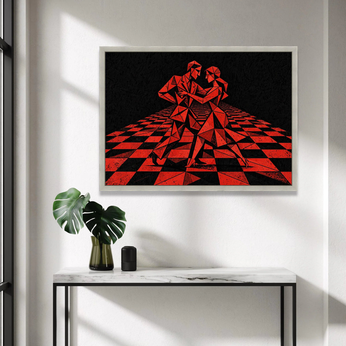 Geometric Dance Couple Canvas Wall Art, Modern Abstract Red and Black Design, Contemporary Home Decoration, Dynamic Tango Canvas Print Art