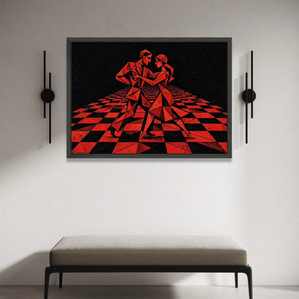 Geometric Dance Couple Canvas Wall Art, Modern Abstract Red and Black Design, Contemporary Home Decoration, Dynamic Tango Canvas Print Art