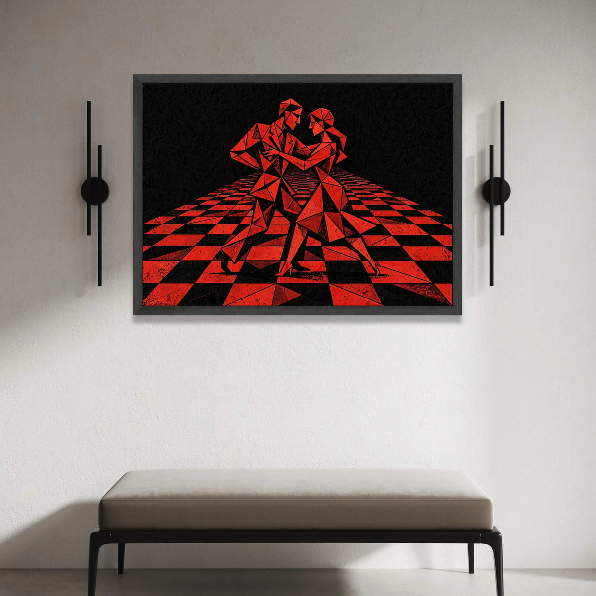 Geometric Dance Couple Canvas Wall Art, Modern Abstract Red and Black Design, Contemporary Home Decoration, Dynamic Tango Canvas Print Art