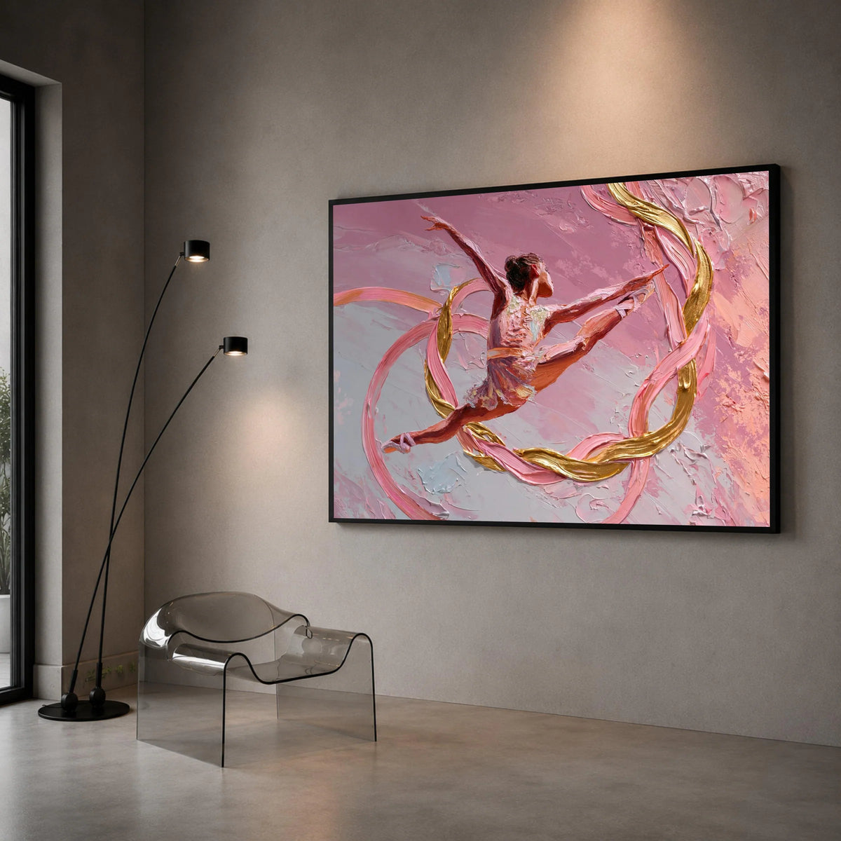 Graceful Ballet Dancer Canvas, Pink and Gold Ribbon Art, Dynamic Dance Movement, Contemporary Wall Art, Elegant Home Canvas Print Art