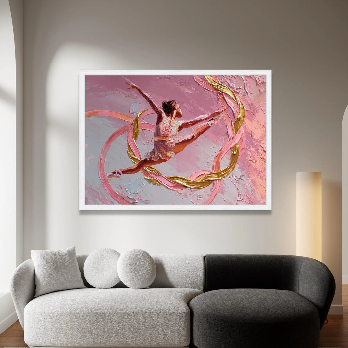Graceful Ballet Dancer Canvas, Pink and Gold Ribbon Art, Dynamic Dance Movement, Contemporary Wall Art, Elegant Home Canvas Print Art