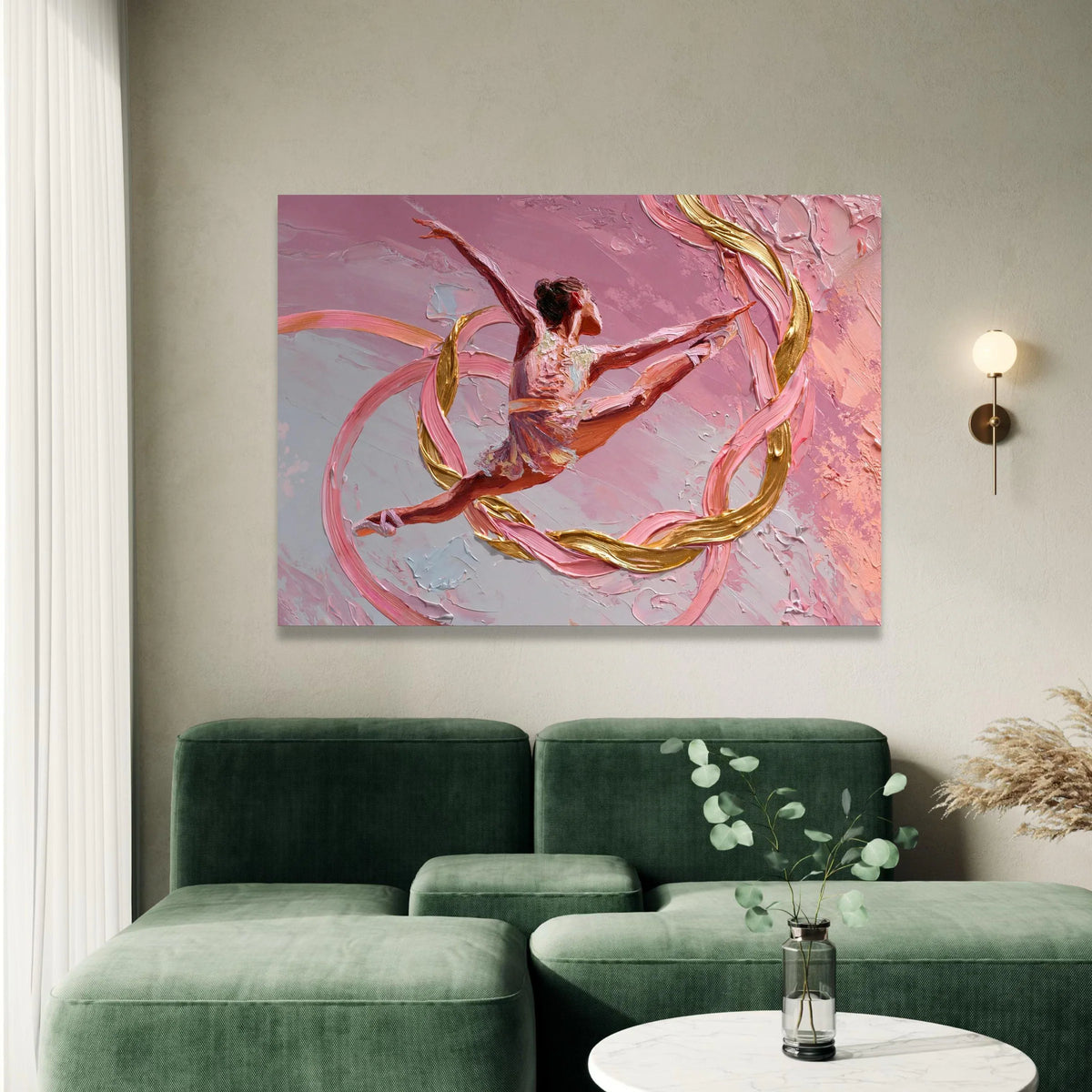 Graceful Ballet Dancer Canvas, Pink and Gold Ribbon Art, Dynamic Dance Movement, Contemporary Wall Art, Elegant Home Canvas Print Art