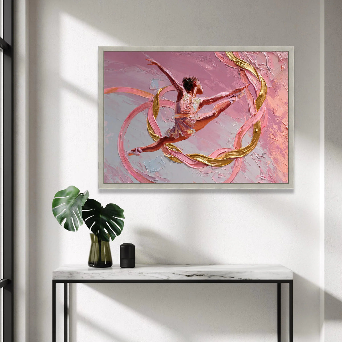 Graceful Ballet Dancer Canvas, Pink and Gold Ribbon Art, Dynamic Dance Movement, Contemporary Wall Art, Elegant Home Canvas Print Art