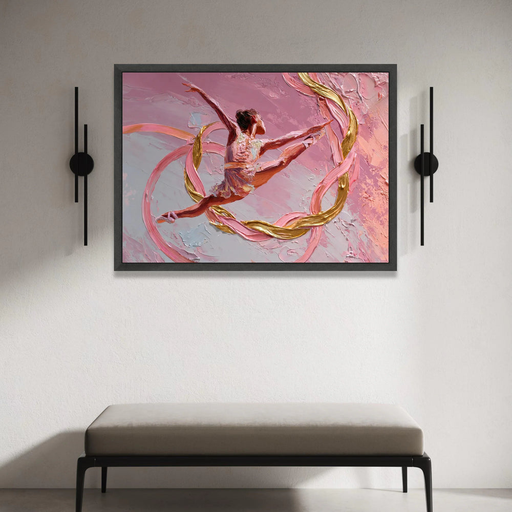 Graceful Ballet Dancer Canvas, Pink and Gold Ribbon Art, Dynamic Dance Movement, Contemporary Wall Art, Elegant Home Canvas Print Art