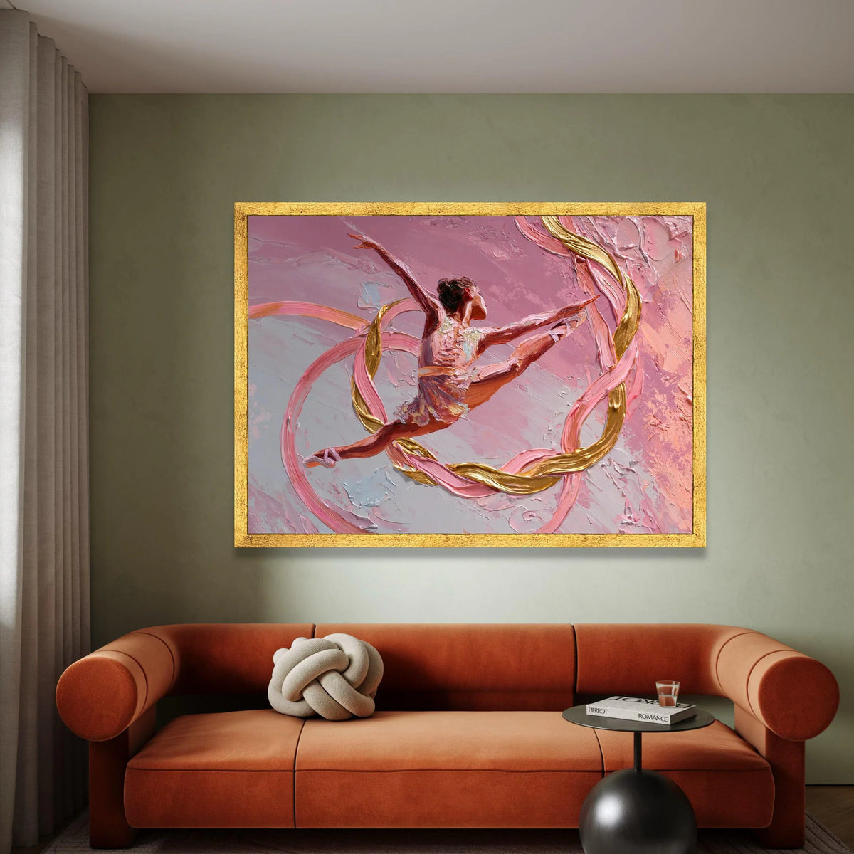 Graceful Ballet Dancer Canvas, Pink and Gold Ribbon Art, Dynamic Dance Movement, Contemporary Wall Art, Elegant Home Canvas Print Art