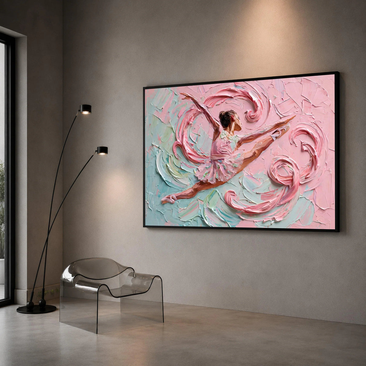 Graceful Ballerina Leap Canvas Wall Art, Pink Abstract Dance Painting, Elegant Ballet Decor, Contemporary Artistic Home Canvas Print Art