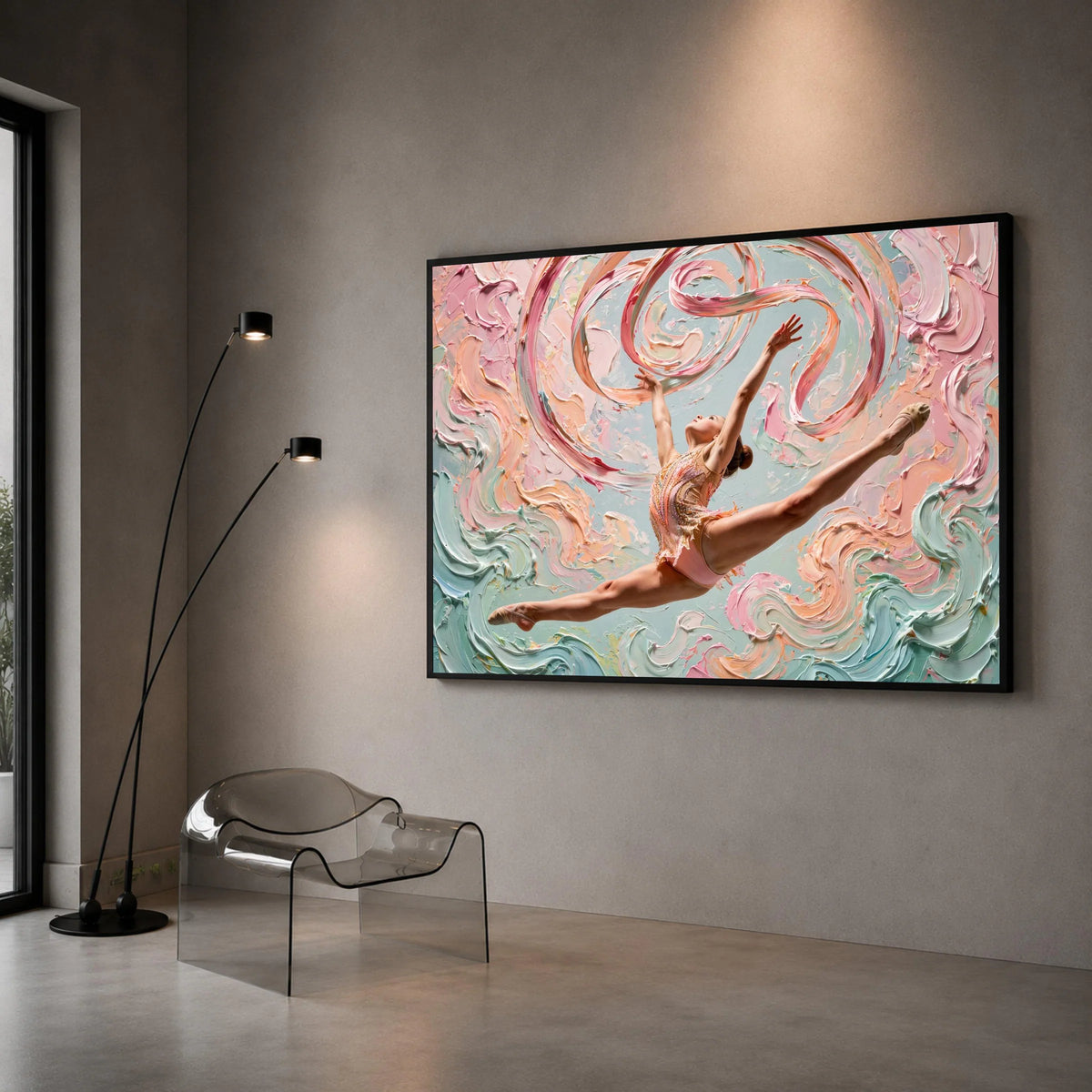 Graceful Ballerina Leap Canvas, Abstract Swirls Background, Dance Movement Wall Art, Pastel Colors Canvas, Modern Art Home Canvas Print Art