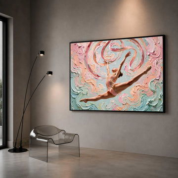 Graceful Ballerina Leap Canvas, Abstract Swirls Background, Dance Movement Wall Art, Pastel Colors Canvas, Modern Art Home Canvas Print Art