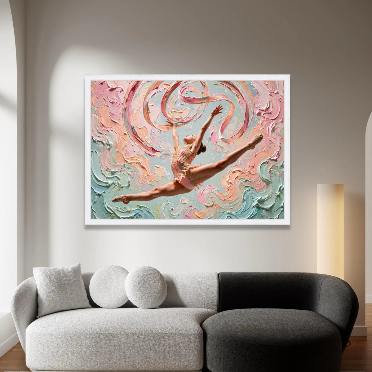 Graceful Ballerina Leap Canvas, Abstract Swirls Background, Dance Movement Wall Art, Pastel Colors Canvas, Modern Art Home Canvas Print Art
