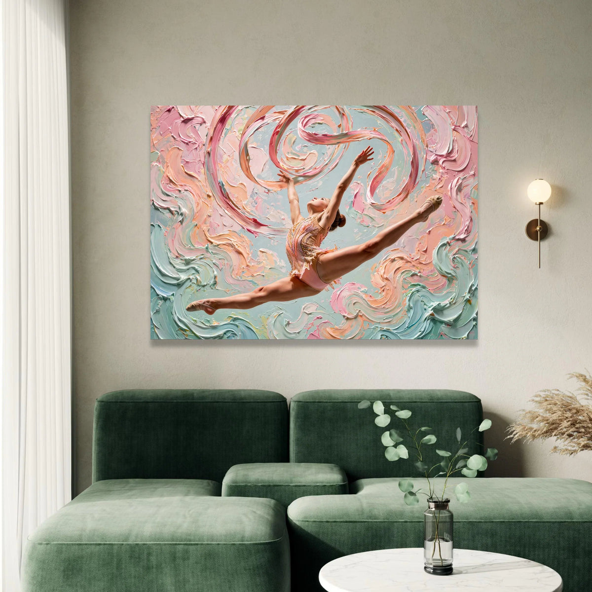 Graceful Ballerina Leap Canvas, Abstract Swirls Background, Dance Movement Wall Art, Pastel Colors Canvas, Modern Art Home Canvas Print Art