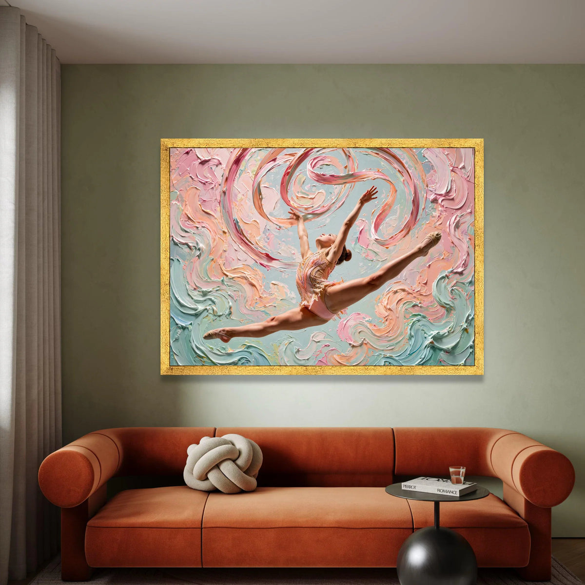 Graceful Ballerina Leap Canvas, Abstract Swirls Background, Dance Movement Wall Art, Pastel Colors Canvas, Modern Art Home Canvas Print Art