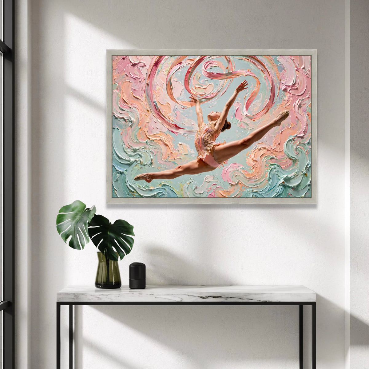 Graceful Ballerina Leap Canvas, Abstract Swirls Background, Dance Movement Wall Art, Pastel Colors Canvas, Modern Art Home Canvas Print Art
